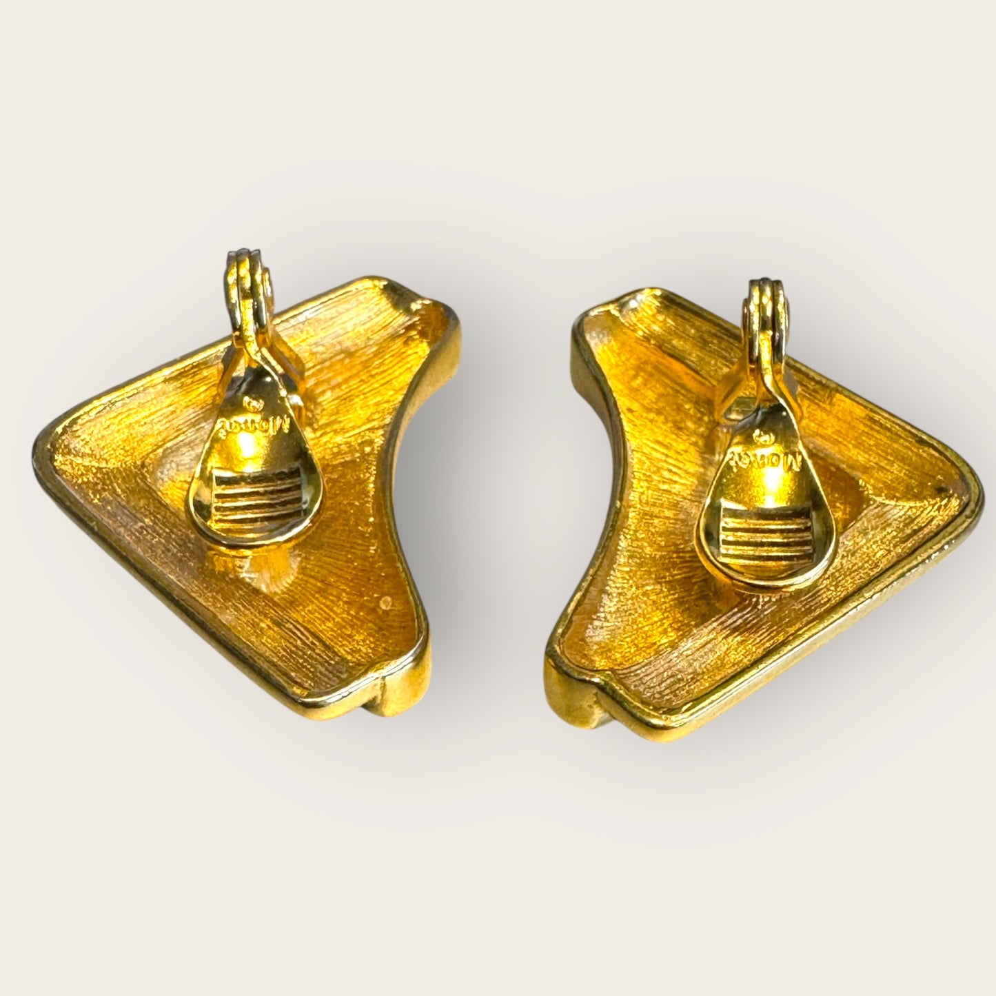Vintage Monet Gold-Tone Chevron Clip-On Earrings – Signed Statement Comfort Clips, 1980s Power Style