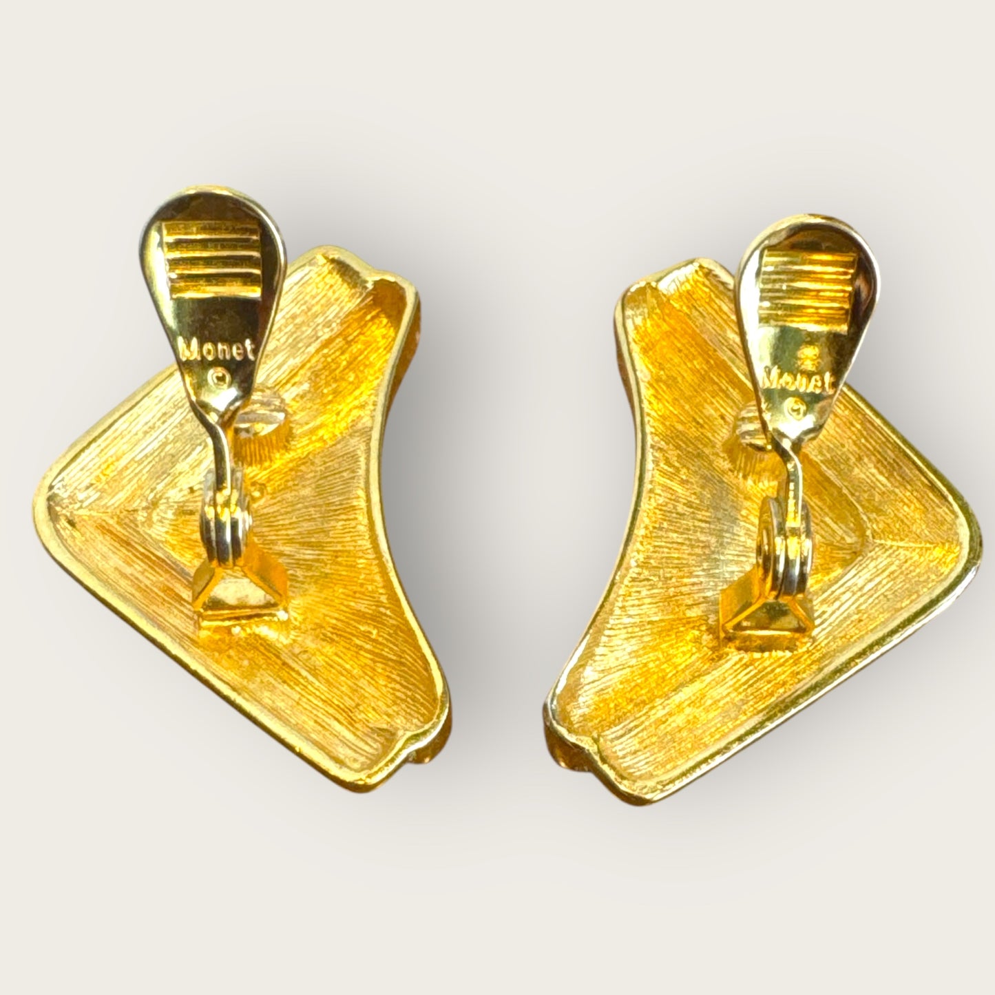 Vintage Monet Gold-Tone Chevron Clip-On Earrings – Signed Statement Comfort Clips, 1980s Power Style
