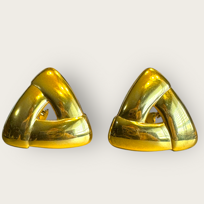 Vintage Monet Sculptural Folded Triangle Clip-On Earrings – Signed 1980s Gold-Tone Statement, Comfort Clips