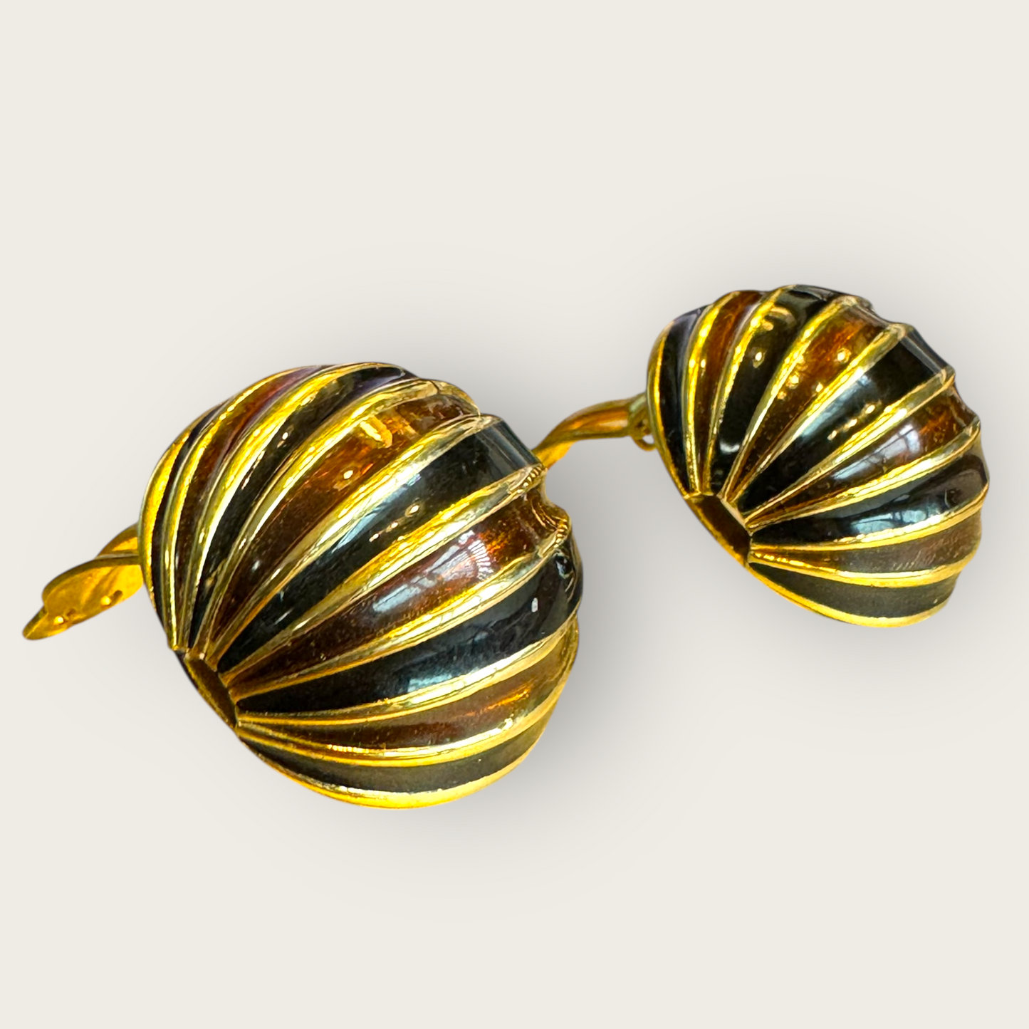 Vintage Gay Boyer Gold-Tone Enamel Dome Earrings – Signed Black & Brown Striped Clip-On, 1980s Sculptural Glam