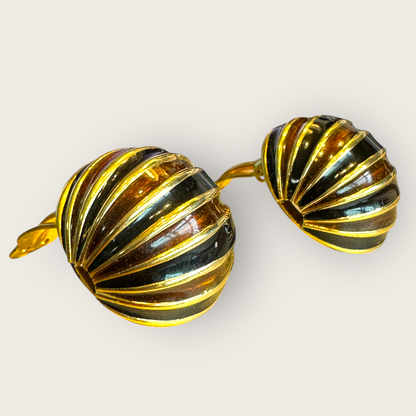Vintage Gay Boyer Gold-Tone Enamel Dome Earrings – Signed Black & Brown Striped Clip-On, 1980s Sculptural Glam