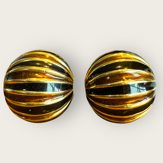 Vintage Gay Boyer Gold-Tone Enamel Dome Earrings – Signed Black & Brown Striped Clip-On, 1980s Sculptural Glam