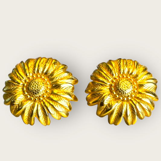 Vintage Monet Gold-Tone Sunflower Clip-On Earrings – Signed Comfort Clip, 1980s Bold Floral Statement