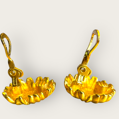 Vintage Monet Gold-Tone Sunflower Clip-On Earrings – Signed Comfort Clip, 1980s Bold Floral Statement
