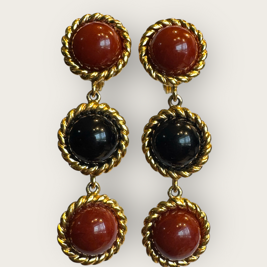 Signed Monet Rust Brown & Black Lucite Triple Drop Earrings – Gold Tone Clip-On Statement