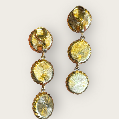 Signed Monet Rust Brown & Black Lucite Triple Drop Earrings – Gold Tone Clip-On Statement
