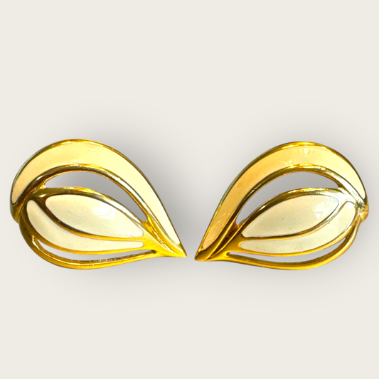 Vintage Modernist Cream Enamel & Gold-Tone Leaf Clip-On Earrings