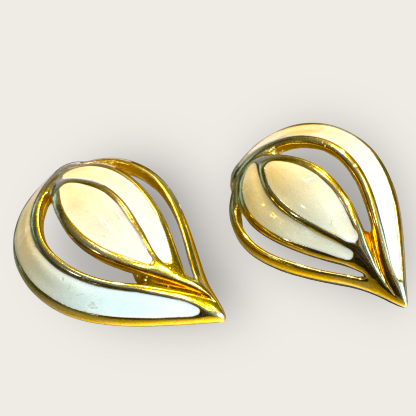 Vintage Modernist Cream Enamel & Gold-Tone Leaf Clip-On Earrings