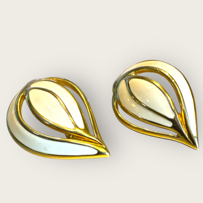 Vintage Modernist Cream Enamel & Gold-Tone Leaf Clip-On Earrings