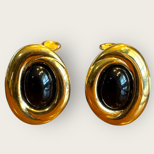 Vintage Monet Black Cabochon & Gold-Tone Oval Clip-On Earrings