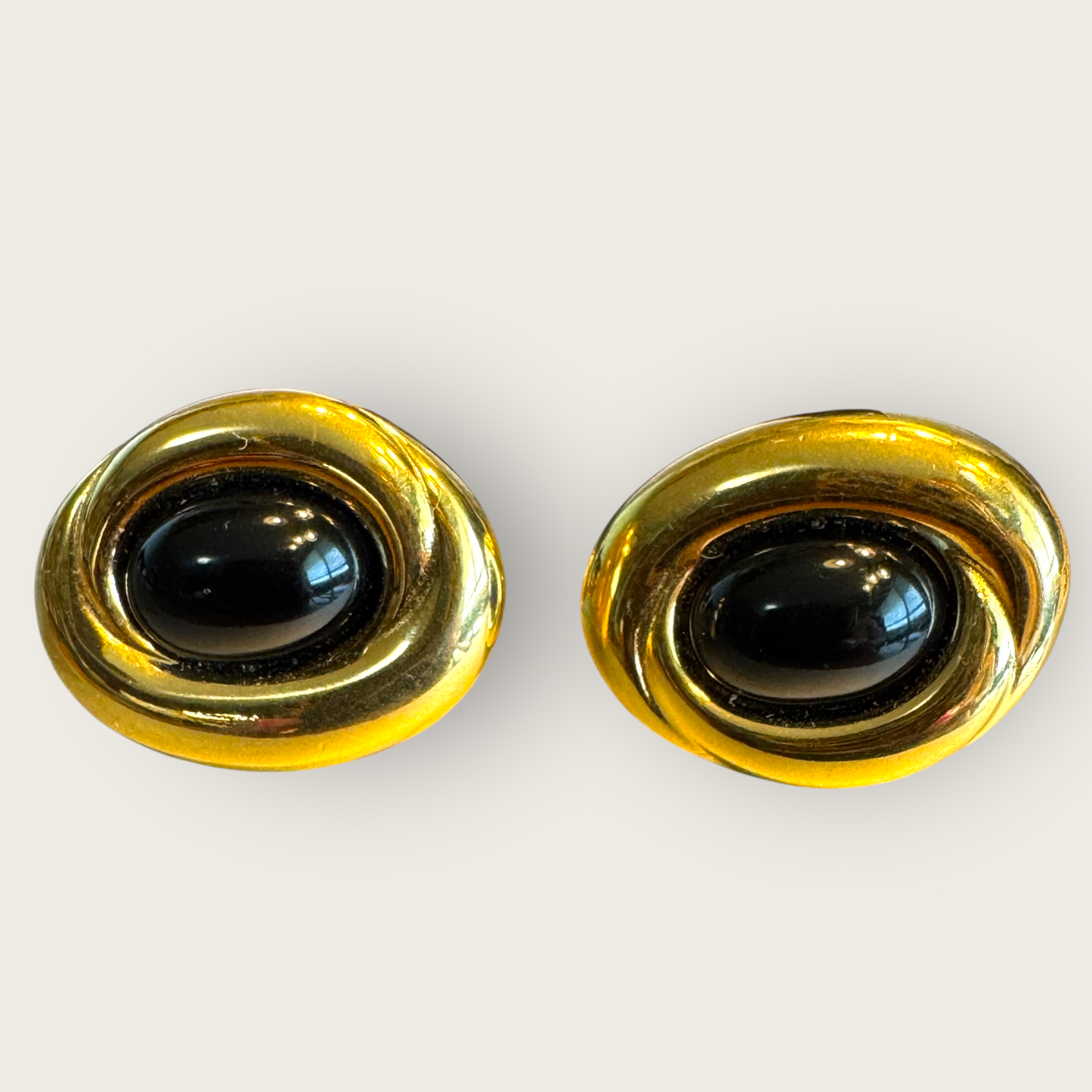 Vintage Monet Black Cabochon & Gold-Tone Oval Clip-On Earrings