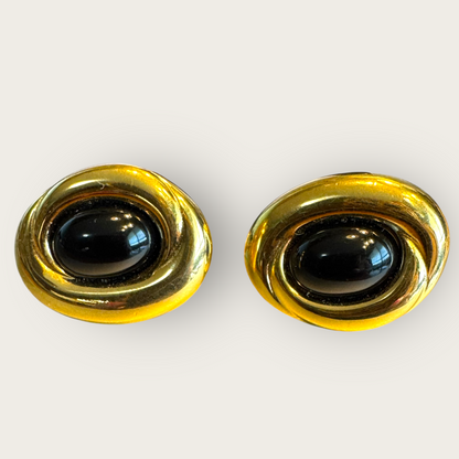 Vintage Monet Black Cabochon & Gold-Tone Oval Clip-On Earrings