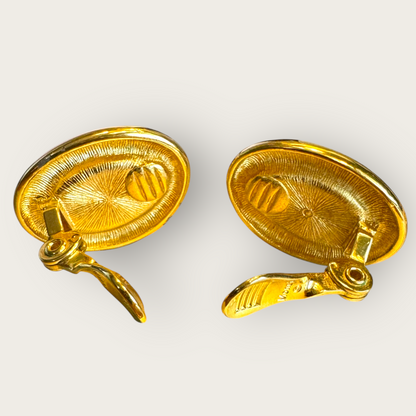 Vintage Monet Black Cabochon & Gold-Tone Oval Clip-On Earrings
