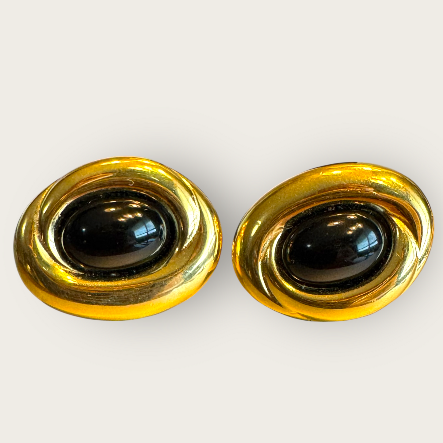 Vintage Monet Black Cabochon & Gold-Tone Oval Clip-On Earrings