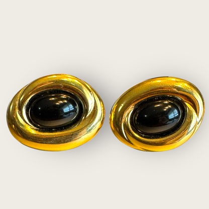Vintage Monet Black Cabochon & Gold-Tone Oval Clip-On Earrings