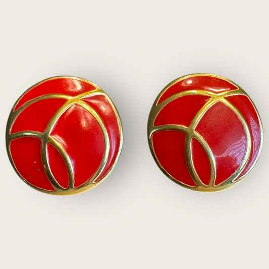 Vintage Monet Red Enamel & Gold Abstract Round Earrings – Post Back