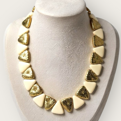 Vintage Monet Cream Lucite & Gold Tone Reversible Triangle Statement Necklace – Articulated, Signed