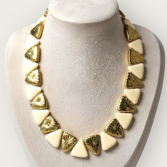 Vintage Monet Cream Lucite & Gold Tone Reversible Triangle Statement Necklace – Articulated, Signed