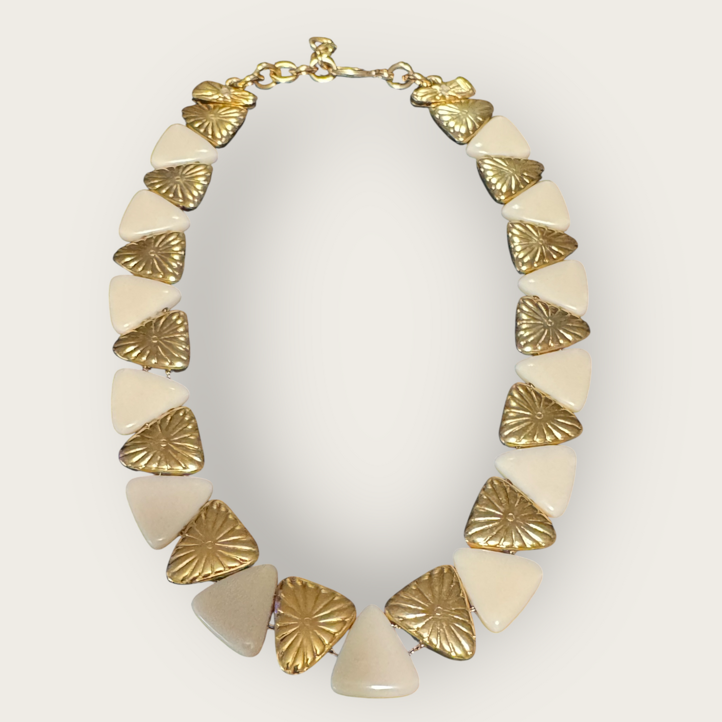 Vintage Monet Cream Lucite & Gold Tone Reversible Triangle Statement Necklace – Articulated, Signed