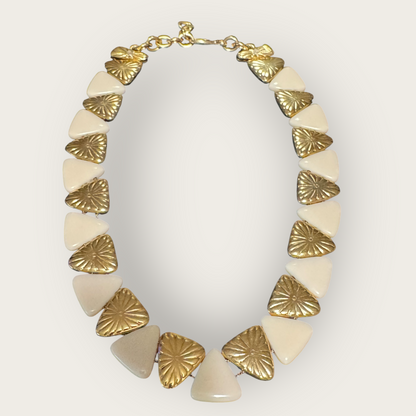 Vintage Monet Cream Lucite & Gold Tone Reversible Triangle Statement Necklace – Articulated, Signed