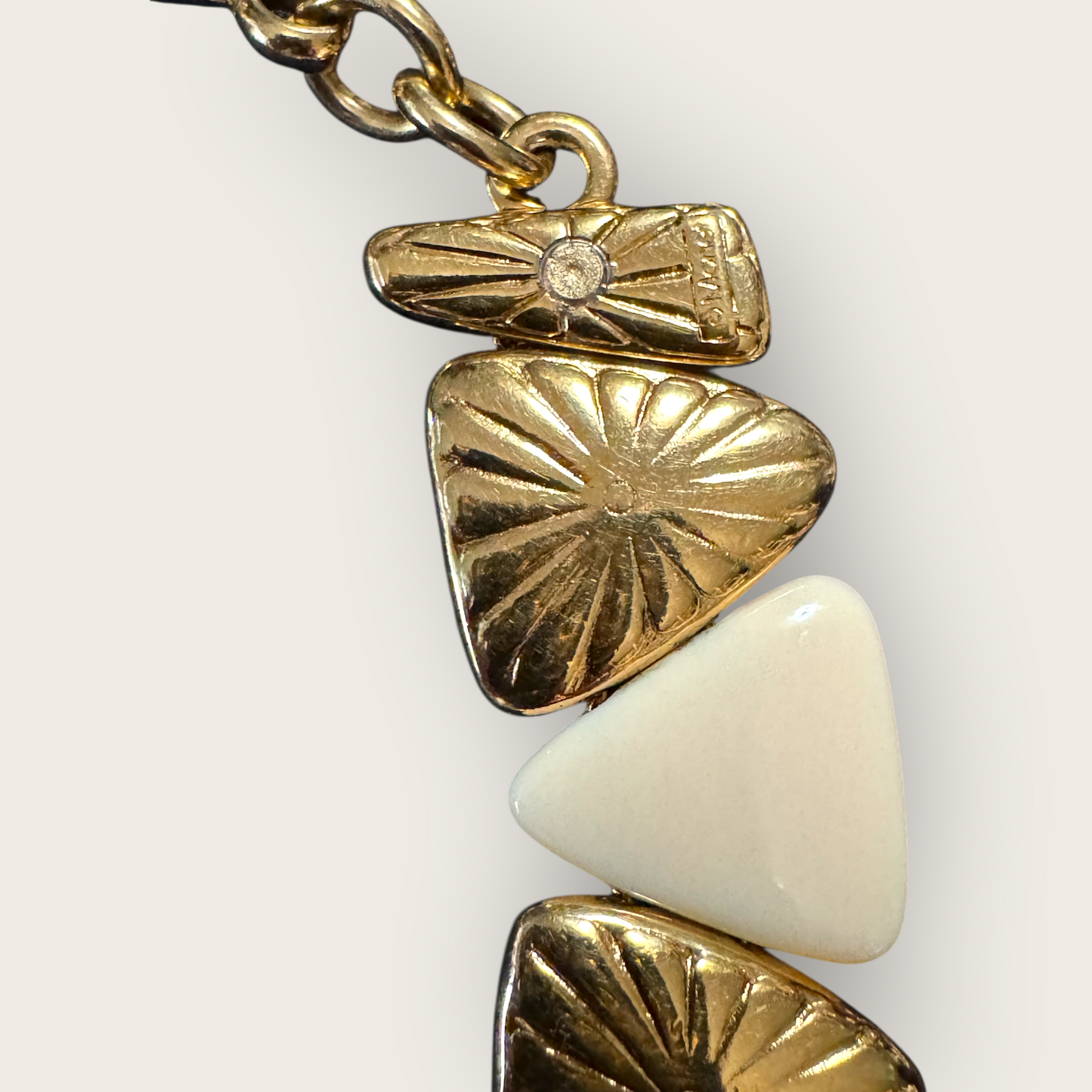 Vintage Monet Cream Lucite & Gold Tone Reversible Triangle Statement Necklace – Articulated, Signed