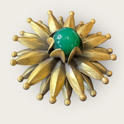 Mid-Century Layered Brass Sunburst Brooch with Green Glass Cabochon – Atomic Modernist Design