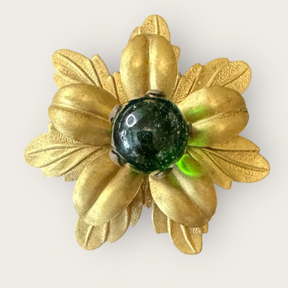 Vintage Brass Floral Brooch with Dark Green Glass Cabochon – Layered Petal Design, Repaired
