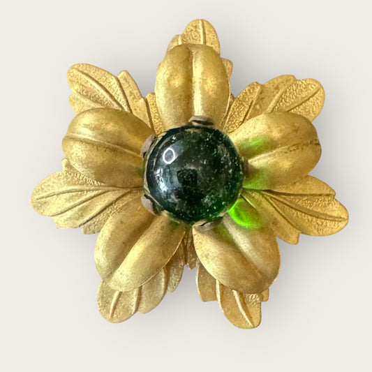 Vintage Brass Floral Brooch with Dark Green Glass Cabochon – Layered Petal Design, Repaired