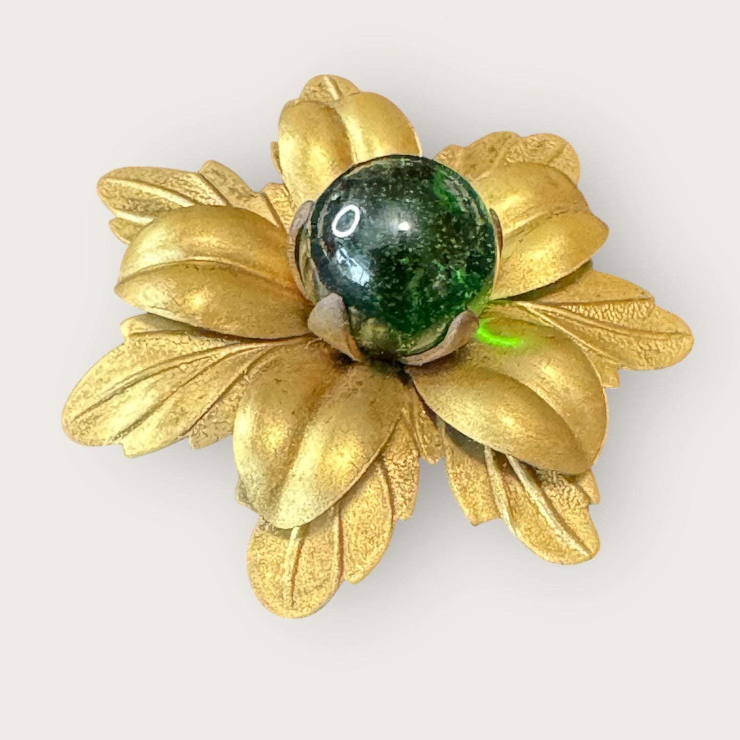 Vintage Brass Floral Brooch with Dark Green Glass Cabochon – Layered Petal Design, Repaired