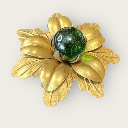 Vintage Brass Floral Brooch with Dark Green Glass Cabochon – Layered Petal Design, Repaired