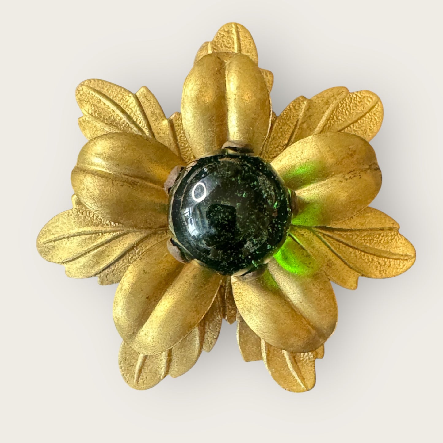 Vintage Brass Floral Brooch with Dark Green Glass Cabochon – Layered Petal Design, Repaired