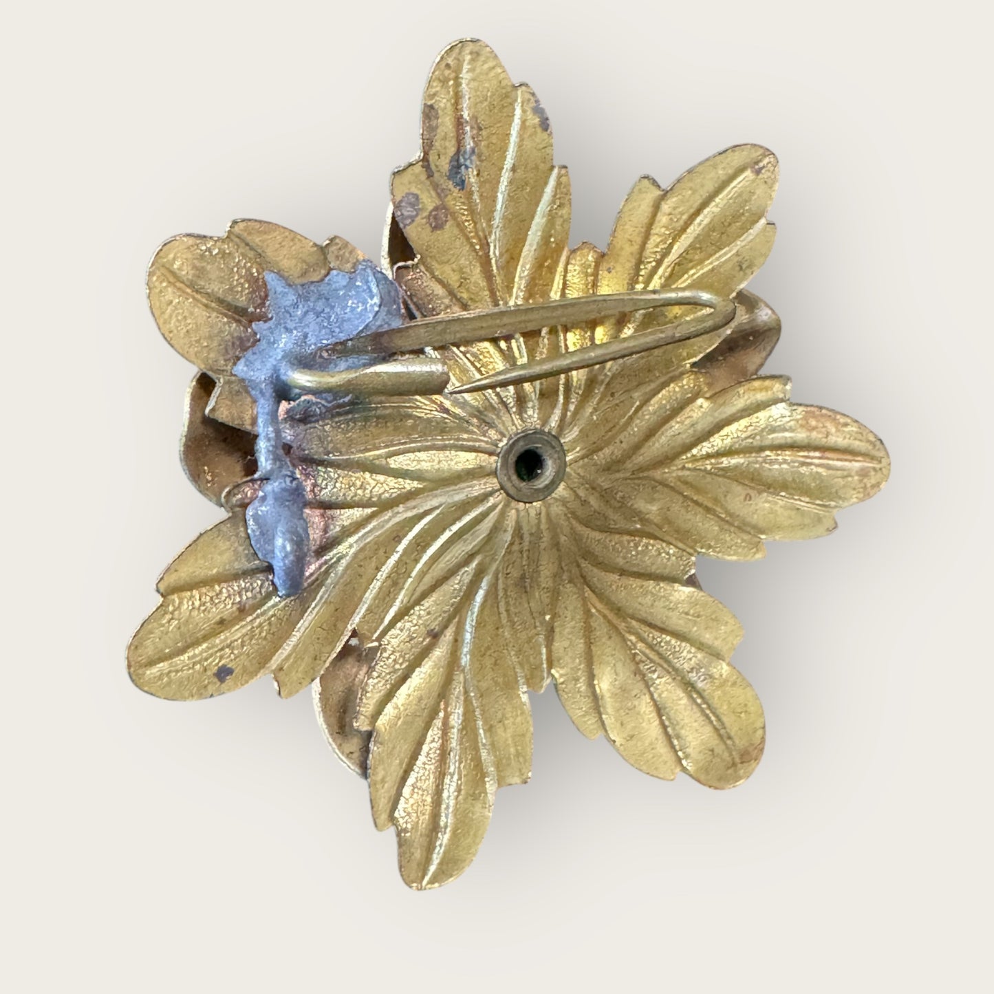 Vintage Brass Floral Brooch with Dark Green Glass Cabochon – Layered Petal Design, Repaired