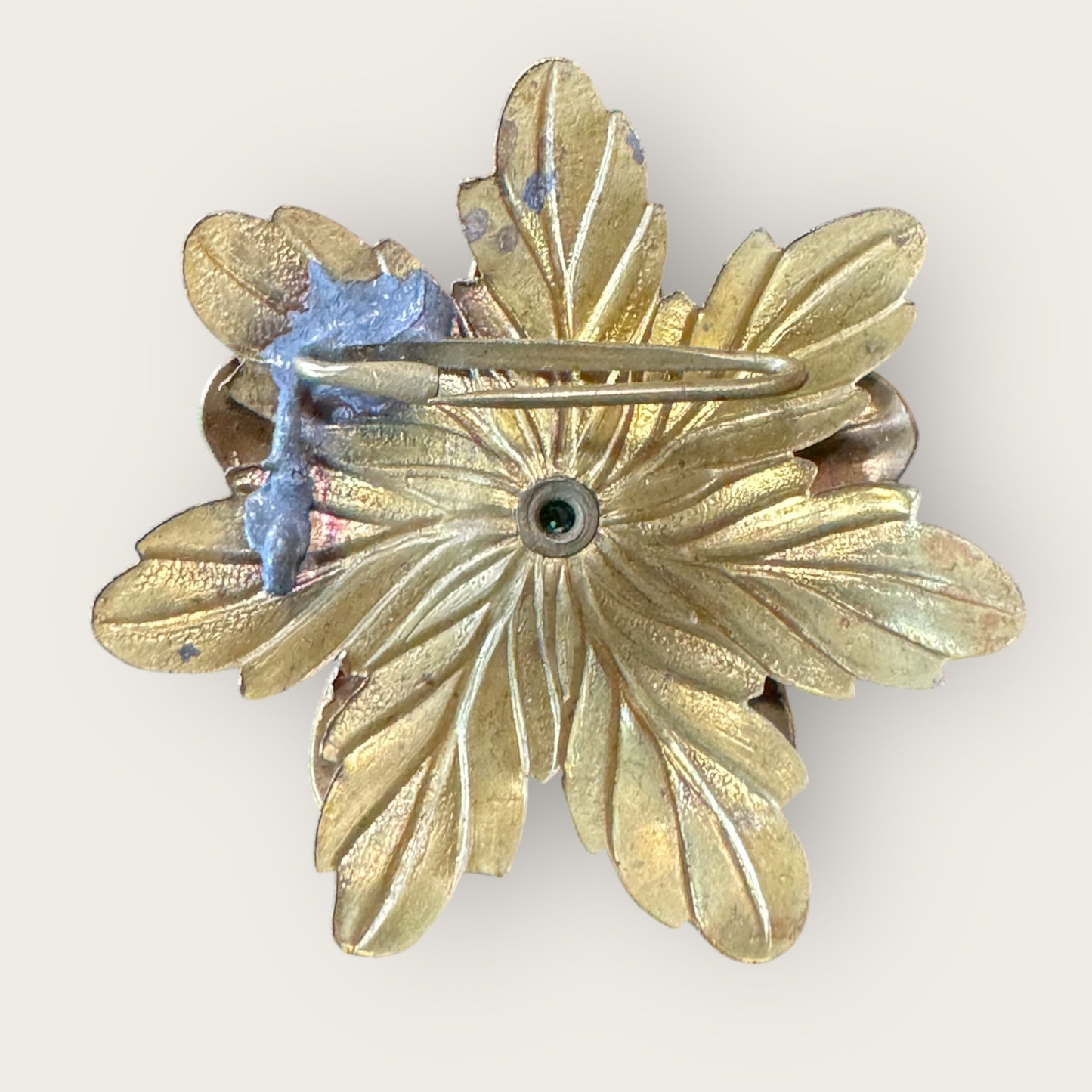 Vintage Brass Floral Brooch with Dark Green Glass Cabochon – Layered Petal Design, Repaired