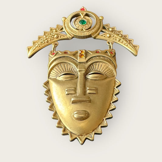 Vintage Avon Articulated Tribal Mask Brooch – Matte Gold with Red, Green & Orange Rhinestones, Signed