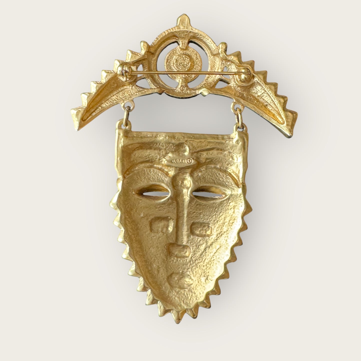 Vintage Avon Articulated Tribal Mask Brooch – Matte Gold with Red, Green & Orange Rhinestones, Signed