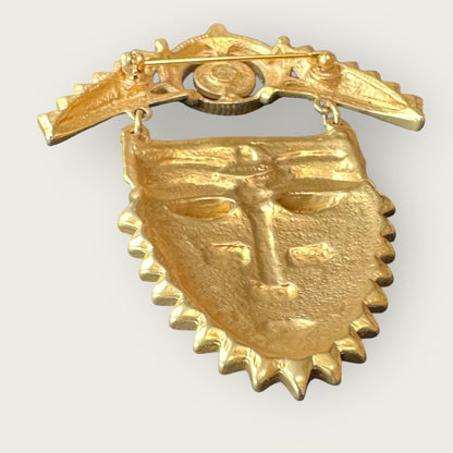 Vintage Avon Articulated Tribal Mask Brooch – Matte Gold with Red, Green & Orange Rhinestones, Signed
