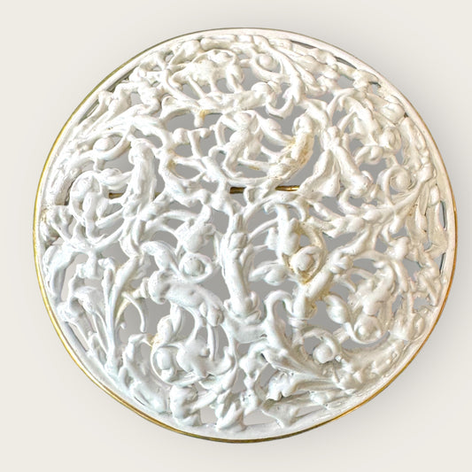 Vintage Napier Domed Scrollwork Brooch – White Enamel with Gold Accents, Signed, 2.25”