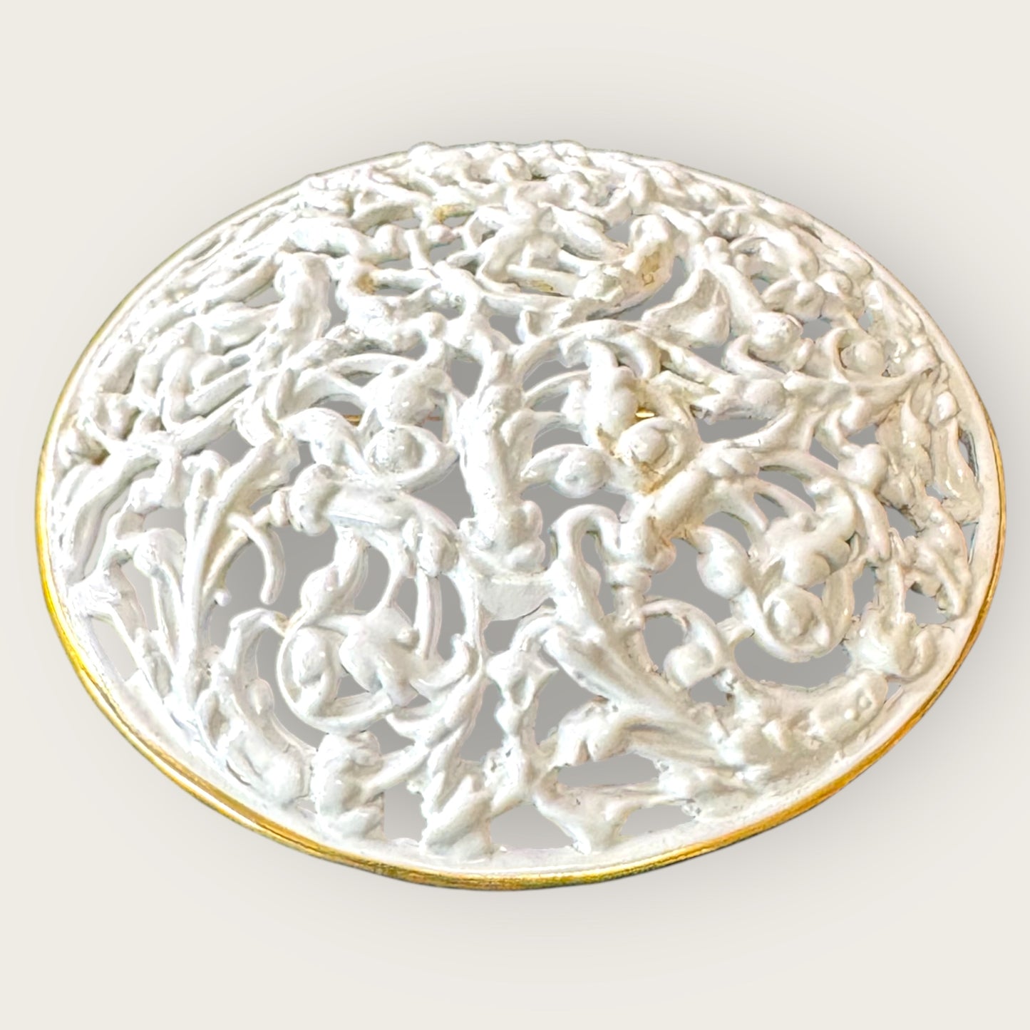 Vintage Napier Domed Scrollwork Brooch – White Enamel with Gold Accents, Signed, 2.25”
