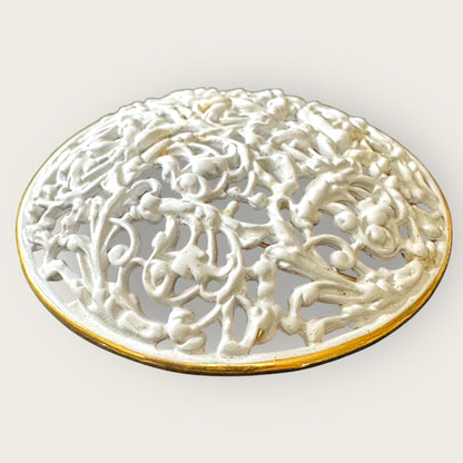 Vintage Napier Domed Scrollwork Brooch – White Enamel with Gold Accents, Signed, 2.25”