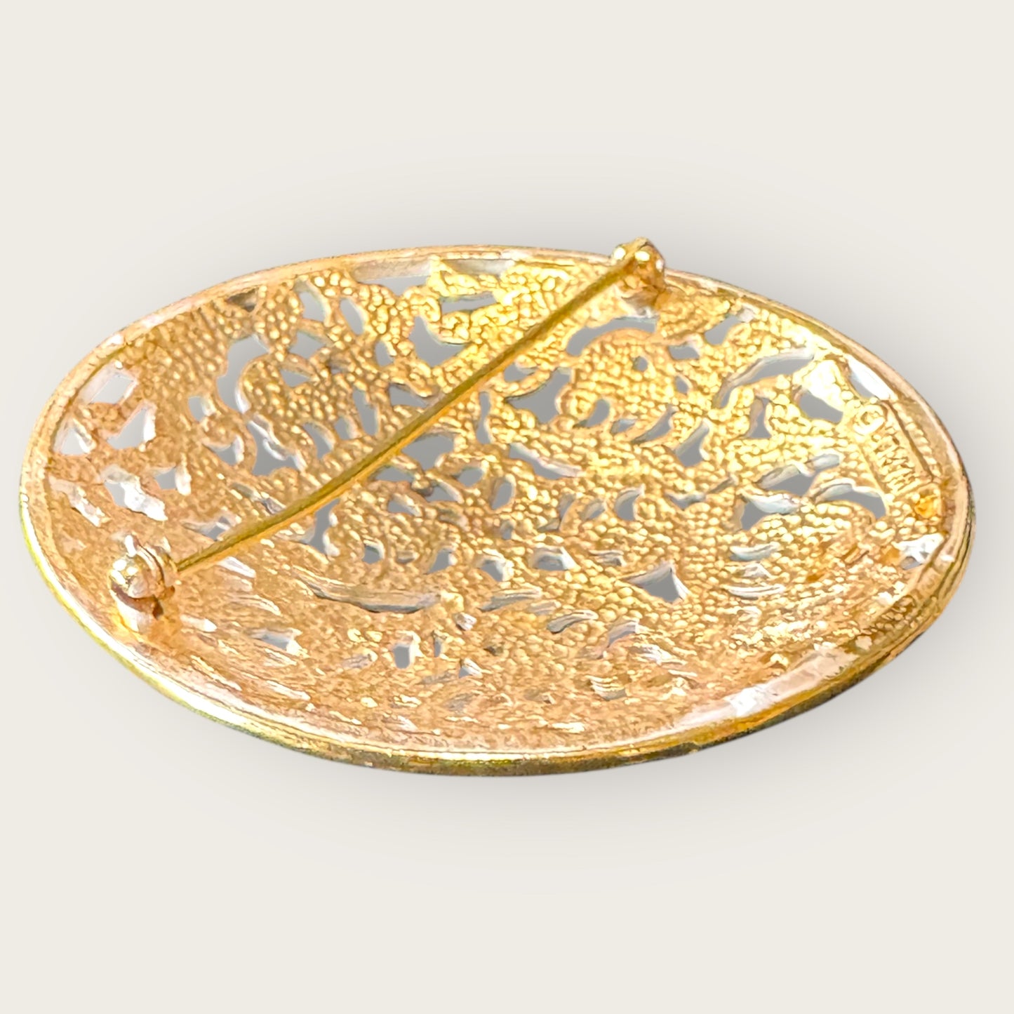 Vintage Napier Domed Scrollwork Brooch – White Enamel with Gold Accents, Signed, 2.25”