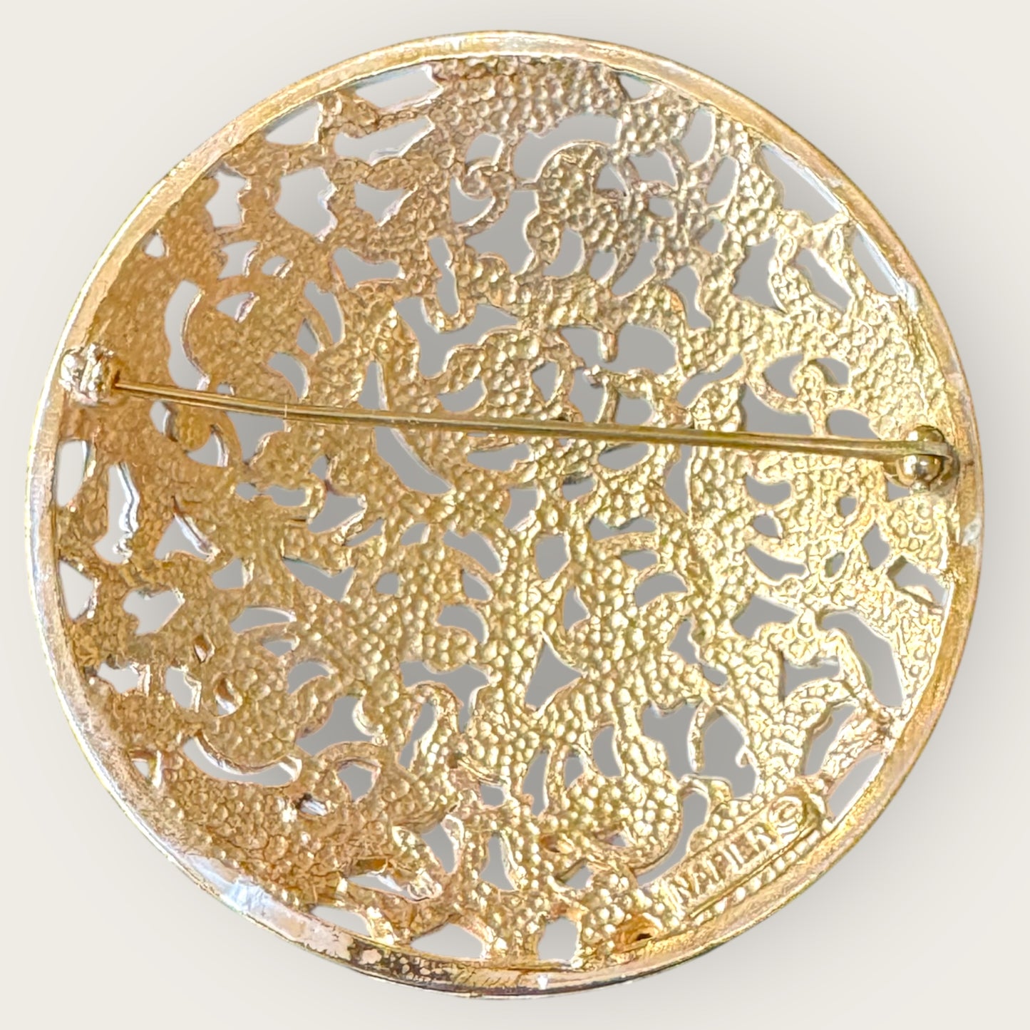 Vintage Napier Domed Scrollwork Brooch – White Enamel with Gold Accents, Signed, 2.25”