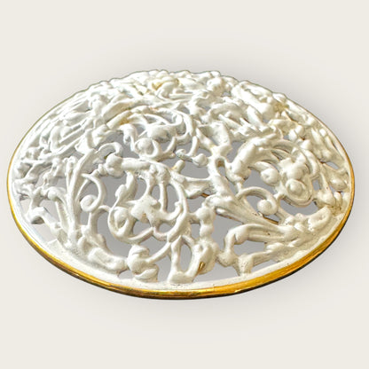 Vintage Napier Domed Scrollwork Brooch – White Enamel with Gold Accents, Signed, 2.25”