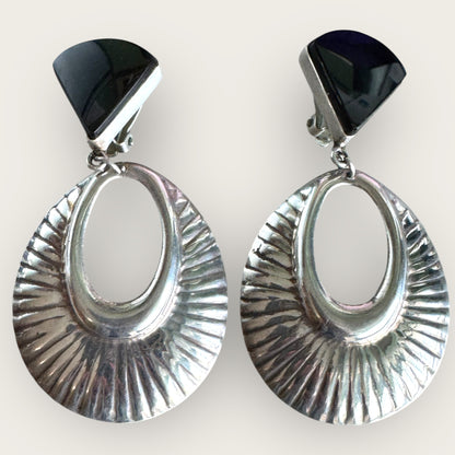Vintage Taxco Mexico Sterling Silver Clip-On Earrings – TR-95 Signed, Black Quartz Triangle Dangles