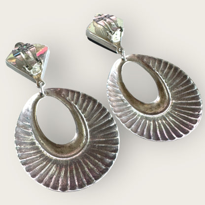 Vintage Taxco Mexico Sterling Silver Clip-On Earrings – TR-95 Signed, Black Quartz Triangle Dangles