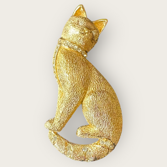Signed Vintage Christian Dior Gold Cat Brooch with Crystal Accents | Private Collection