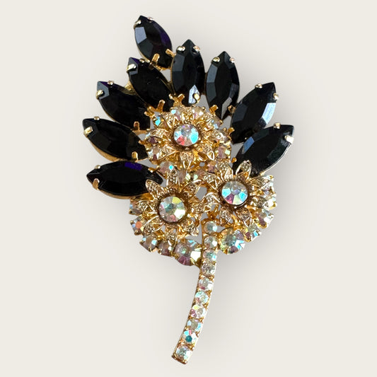 Verified Juliana Delizza & Elster Black Navette & AB Rhinestone Floral Leaf Brooch