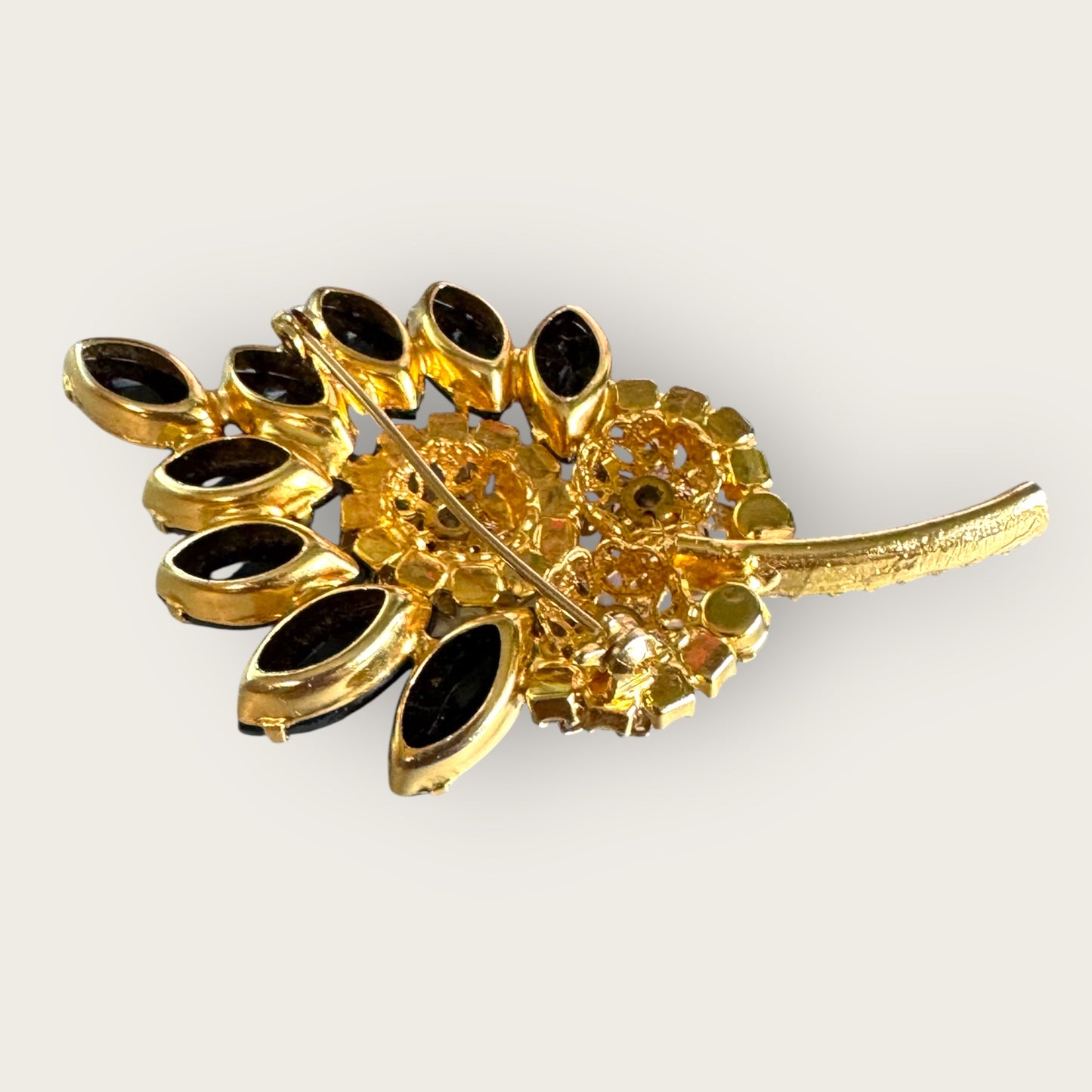 Verified Juliana Delizza & Elster Black Navette & AB Rhinestone Floral Leaf Brooch