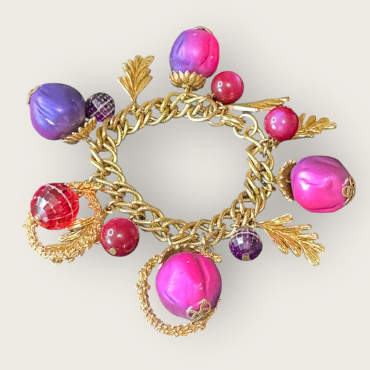 Vintage 1960s–70s Fruit Charm Bracelet with Bold Pink, Purple & Red Beads – 7” Statement Piece