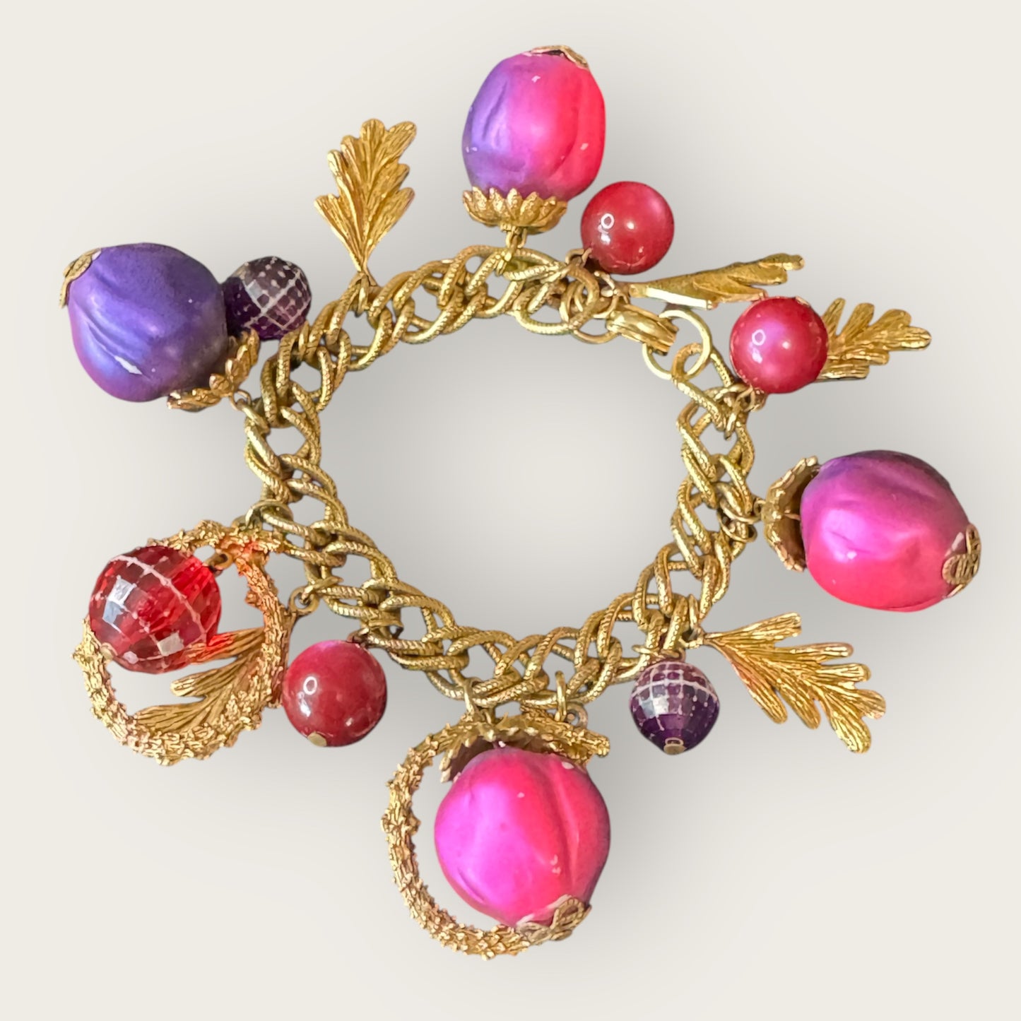 Vintage 1960s–70s Fruit Charm Bracelet with Bold Pink, Purple & Red Beads – 7” Statement Piece