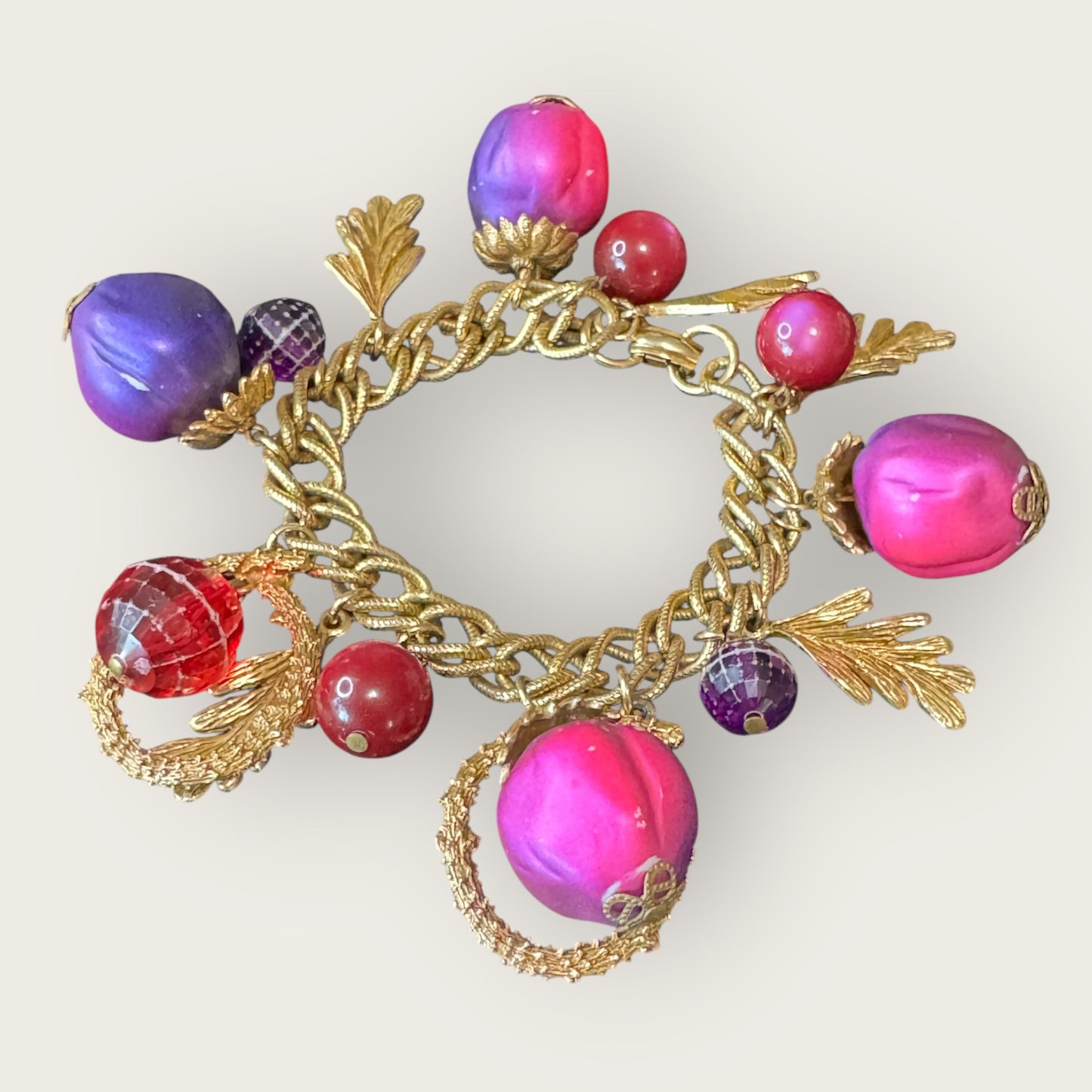 Vintage 1960s–70s Fruit Charm Bracelet with Bold Pink, Purple & Red Beads – 7” Statement Piece